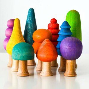 NWT Ocamora Wooden Toys Rainbow Forest Set of 10